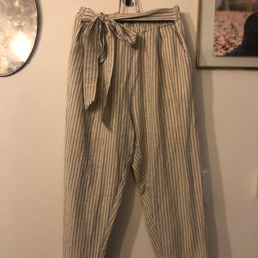 Comfy White Striped Cuffed Pants with Waist Tie